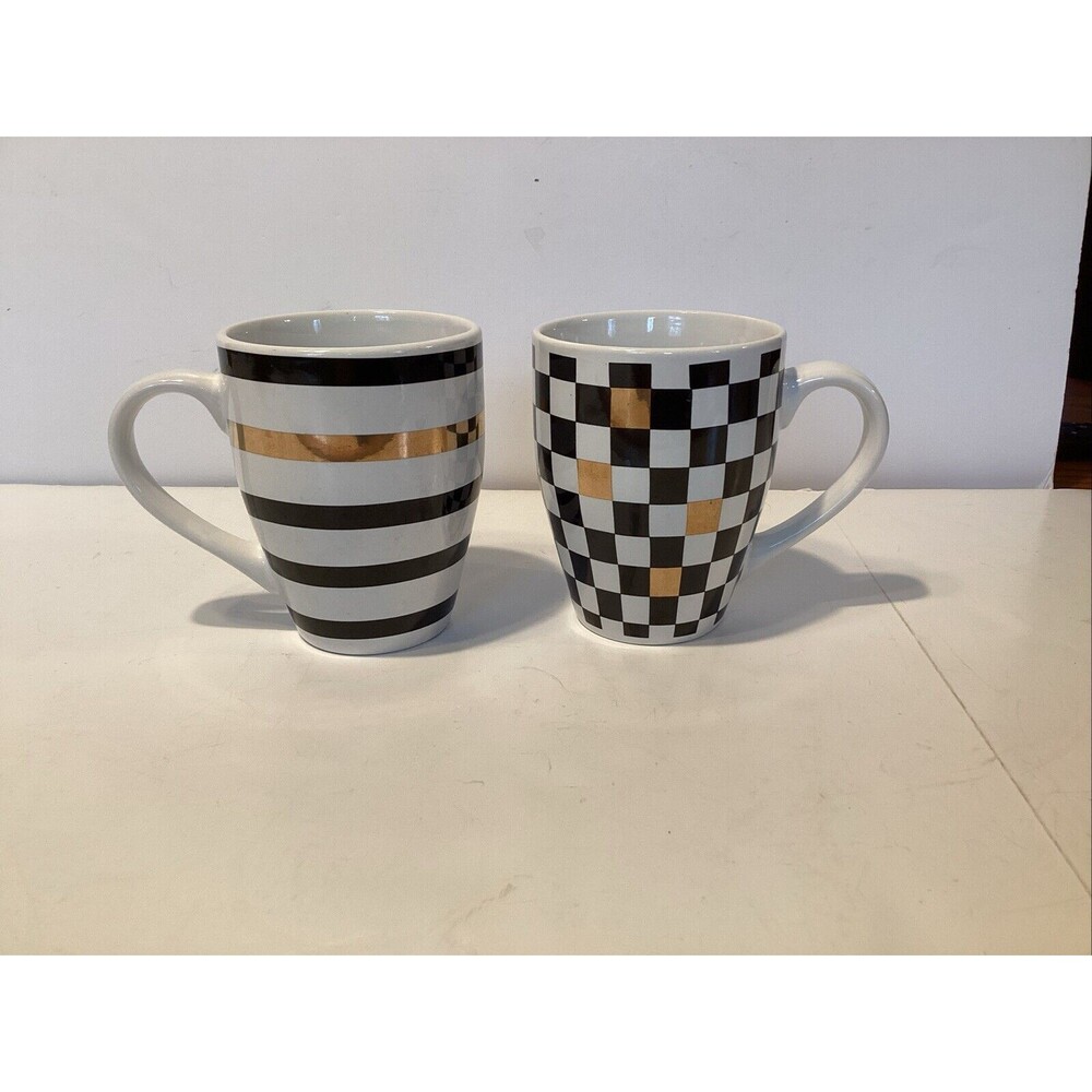 pai mugs set of 2 geometric/ stripes  white/black/gold